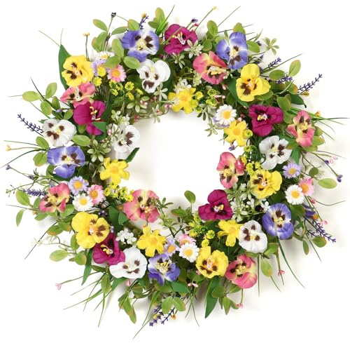 Betylifoy Spring Wreaths for Front Door 20 Inch Artificial Flower Pansy Wreath with Green Leaves Daisy Lavender Fern Wreaths Silk Summer Door Wreath for Farmhouse Outdoor Festival Wall Decor