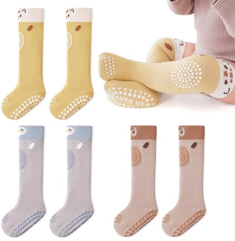 Rutschfeste Socken für Kinder, 3 Pack Baby Kniestrümpfe Kinder Socken Aus Baumwoll Mädchen Knielange Krabbelsocken Tiermoti Rutschfeste Sportsocken für Jungen Mädchen 0-12 Monate