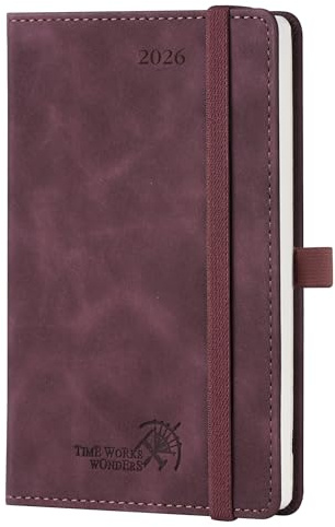 POPRUN Taschenkalender 2026 Klein Softcover mit PU-Leder, ca. A6 (16 x 10,5 cm) - Kalender 2026 Buchkalender Notizbuch (Jan.2026-Dez.2026) mit 100 GSM Papier - Weinrot