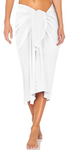 DiULi Playa Falda Envoltura Gasa, 1 Pc Bikini Cubierta Sarong, Falda de Pareo para Mujer, Largo, Chal Verano con Borlas, Talla Única, MúLtiples Formas de Llevarlo, Adecuado para Vacaciones (Blanco)