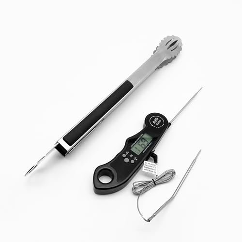 Food Thermometer & Stainless Steel Tongs Set. Digital Food Thermometer: Dual probes for accurate readings, LCD. Tongs with silicone grip and bottle opener.
