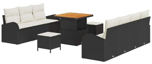 vidaXL Trädgårdsoffset med kudde 10 pcs Svart konstrotting, Trädgård och Terrass, Modern Utemöbel, Hållbar Poly Rattansoffa, Väderbeständig Uppsättning, Justerbart Bord