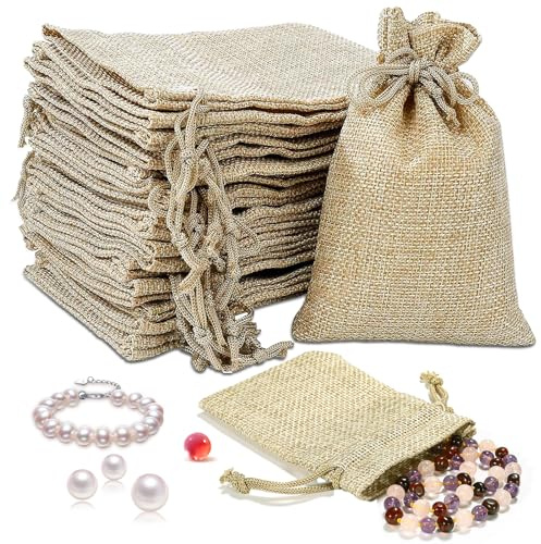 ZZXLOPEZ 50 Pièces Pochettes en Lin avec Cordon, 10x14cm Sachets en Jute, Petits Sacs en Tissu Sachet, Toile de Jute Pochettes, Sac Toile de Lin pour Bijoux, Maquillage, Artisanat, Fête, Mariage, Noël