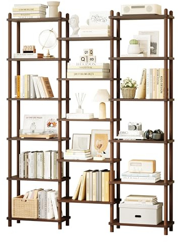 IOTXY Wooden Triple Wide Bookshelf - 6-Tier Large Shelf Bookcase with Solid Beech Frame, Tall Freestanding Open Etagere Display Rack for Home Office, Walnut