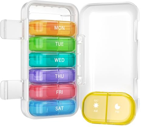 Joinice Pastillero Semanal 2 Tomas, Organizador de Pastillas Mañana/Noche (AM/PM), Compacto, Antihumedad, Resistente, Ideal para Vitaminas y Medicamentos (2x7 Transparente + Arcoíris)