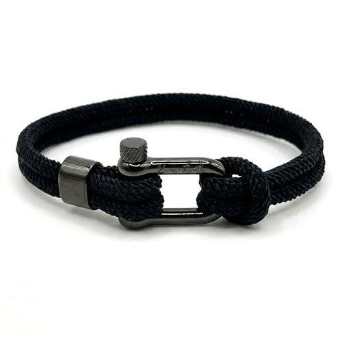 KAROO EARTH JEWELLERY Men's Nautical Rope Bracelet, Durable Nylon Marine Rope | Bracelet with stainless steel D-shackle | Mens Double Strand Sailing rope bracelet (Black, 21cm (Average Wrist))