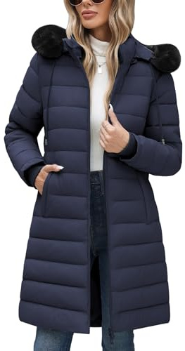 Yuson Girl Abrigos Mujer Invierno Abrigo Acolchado con Capucha Térmico Grueso Chaqueta Forro Polar Largo Elegante Cazadora Cremallera Parka Viento Outwear con Bolsillos(Azul marino, XXL)