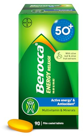 Berocca 50+ Multivitamin & Mineral Tablets with Olive Leaf Extract - 13 Vitamins & 9 Minerals - 90 Film-Coated Tablets