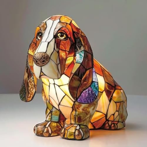 Nachtlicht katze und Hund, LED Katzenlampe/Hundlampe Mosaik, Tischlampe aus gebeiztem Harz, Niedliche HundFiguren Lampe mit Warmem Licht für Vintage Deko, Buntglas-Tierform (C)