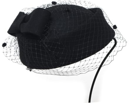 Holibanna Damen-phillbox-Hut aus Wollfilz in Schwarz mit Schleife und Schleier Einheitsgröße Clip-fähig für Hochzeiten Partys und Cosplay