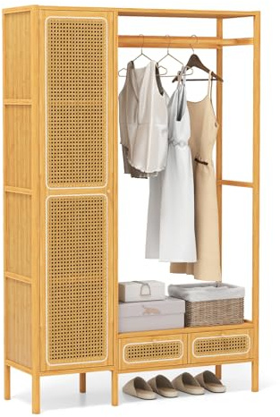 GIANTEX Armoire Penderie Multifonctionnelle en Bambou, Porte-vêtements Robuste avec Tige de Suspension, Étagère de Rangement, 2 Tiroirs, Organisateur de Garde-Robe Autoportant, 102 x 33 x 160 cm