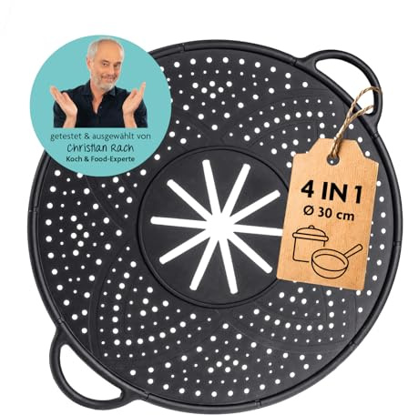 RACHS Kochwerk Silikon Spritzschutz für Pfanne, Topf & Co. – Küchen Spritzschutz Silikon mit Ø 30 cm | 4-in-1 Anti-Spritz Deckel: Dampfgarer, Spritzschutz, Untersetzer & Abgießhilfe