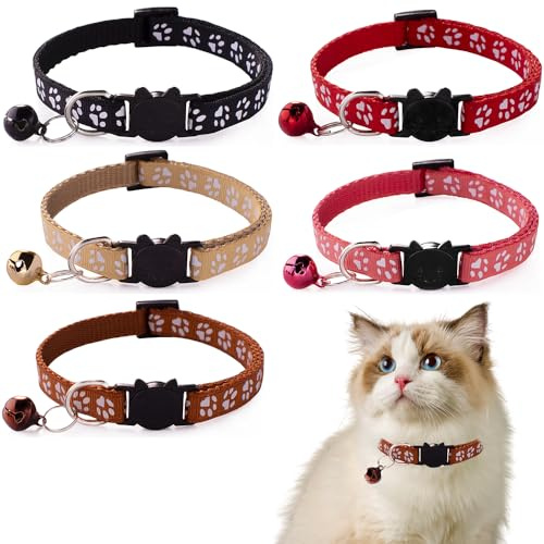 LQUYTA 5 Pezzi Collare Gatto Disegno Gatto Con Fibbia di Sicurezza Collare Gatto Con Campanella Collare Gatto Dimensione Regolabile (5 Colori)