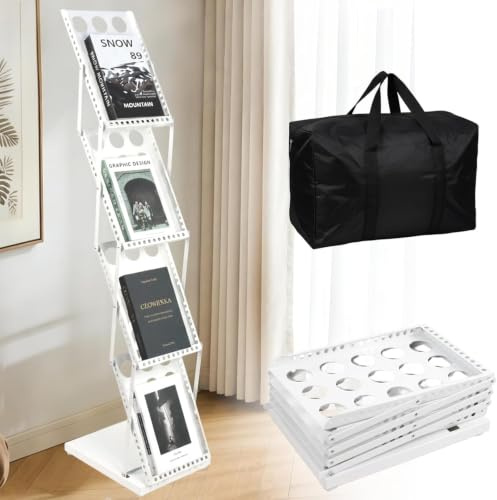 Magazine Brochure Display Stand, Portable Folding Magazine Rack Exhibition | 133CM-High Metal Floor Standing Holder, for Office, Trade Show, Exhibition, Event, White