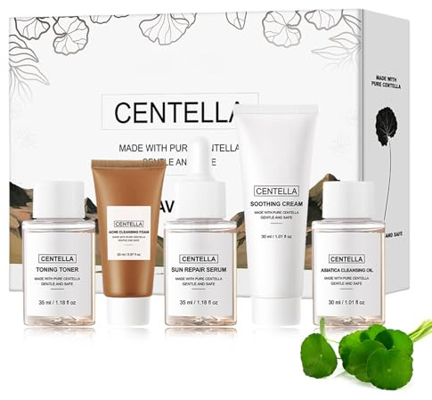 Centella Reise-Set, Gesichtswasser, Sonnenschutzserum, Beruhigende Creme, Reinigungsöl, Akne-Reinigungsschaum, Basis-Mini-Hautpflege-Set in Geschenkbox & Geschenkset für Frauen, ideal als kleines Gesc