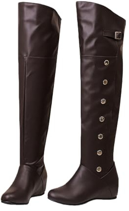 Winter Over The Knee Boots Med Spänne Dammode Ridstövlar Med Nit PU Läder Stretch Långskaft Stövlar Med Kilklack, Dam Höga Klackar for Bruden(Brown,39 EU)