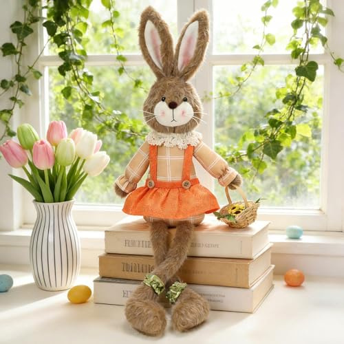 Talleros Osterdeko Hase Figuren, Handgemachte Plüsch Puppe Osterhasen mit Ausziehbaren Langen Beinen Ostern Deko Frühling, Frühlingsdeko Kaninchen Ostern Hasen für Innen Osterdekoration (A)