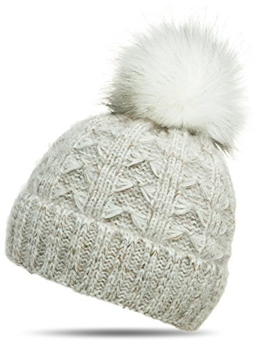 Caspar MU144 Damen warme Winter Strick Mütze mit Fellbommel, Farbe:weiss, Größe:One Size