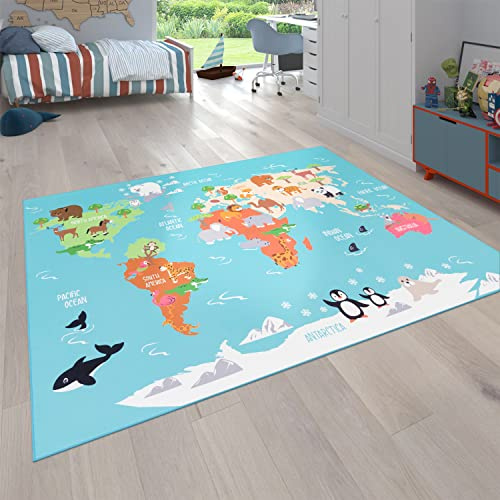 Paco Home Kinder-Teppich Für Kinderzimmer, Spiel-Teppich, Weltkarte Mit Tieren rutschfest In Türkis, Grösse:160x220 cm