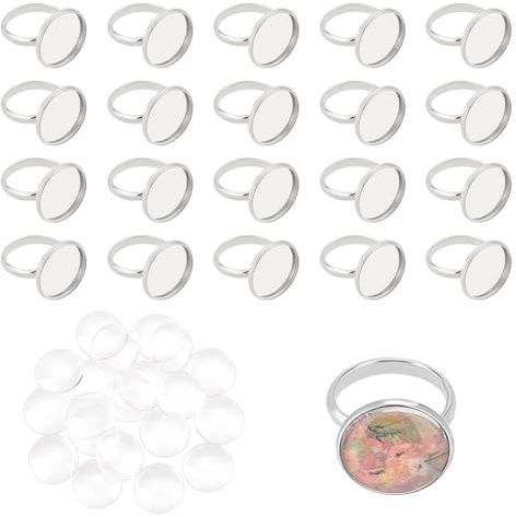 UNICRAFTALE 20 Sätze Einstellbare Fingerring Rohlinge Flache Runde Cabochon Fingerring Ringe Basis Mit Transparentem Glas Cabochon (16 mm) Für Herren Ring Schmuckherstellung