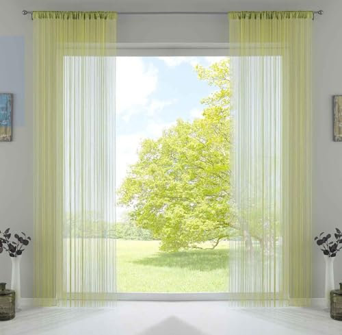 2er Set Fadengardine, HxB 250x140 cm, Apfelgrün mit Tunneldurchzug und eingenähtem Kräuselband, geeignet für Gardinenstangen und Gardinenschienen Fadenvorhänge Fadenstores Raumteiler, 20303CN2