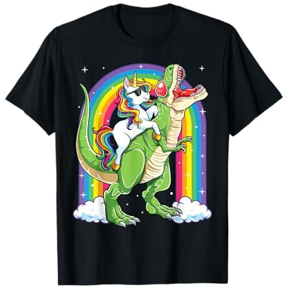 Unicorn Riding Dinosaur T rex Boys Girls Men Women Rainbow T-Shirt