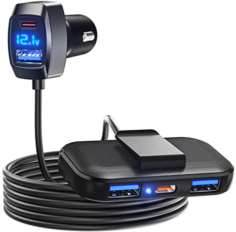 LENCENT 31W Max 5 chargeurs de Voiture multiports, Adaptateur Chargeur Voiture, 3 USB A et 2 Ports Type C, détection de Voltage, Allume-Cigare Multiple USB et câble 1,5M pour des sièges arrière
