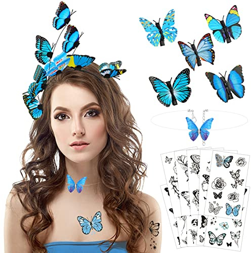 HOWAF Schmetterling Kostüm Damen, Schmetterling Haarreif Haarband, Haarspangen, Halskette, Temporäre Tattoos für Halloween Karneval Fasching Kostüm