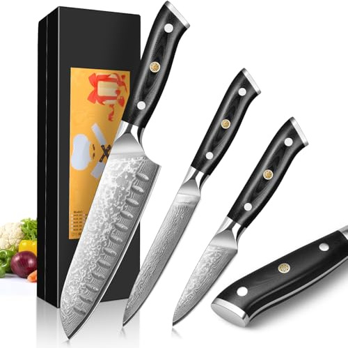 Home Safety 3er Damastmesser Set - Damast Kochmesserset mit Klingenlängen von 8.2 cm bis 17.6 cm aus 67 Schichten Damaszenerstahl mit G10-Griff - Scharf & Ausbalanciert