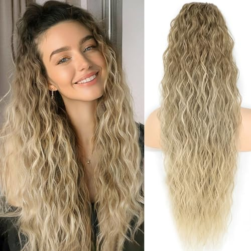 PORSMEER Pferdeschwanz Haarteil Lang 76 cm mit Kordelzug Wellig Locken Ponytail Extension Ombre Blond Natürliches Clip in Haarteil Ponytail Kunsthaar Haarzopf für Damen Afro Zopf Haarverlängerunge