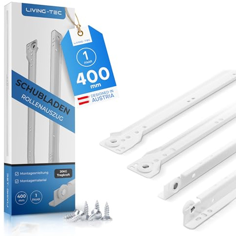 LIVING-TEC Schubladenschienen 400 mm Rollenauszug weiß Teilauszug bis 20 kg | Leichtgängige Auszugsschiene für Schubladen & Regale - Stahl 1 mm stark, belastbar - für Möbelbau & Werkstatt