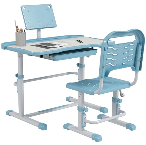 ZONEKIZ Juego Escritorio y Silla Niños Altura Ajustable Azul y Blanco