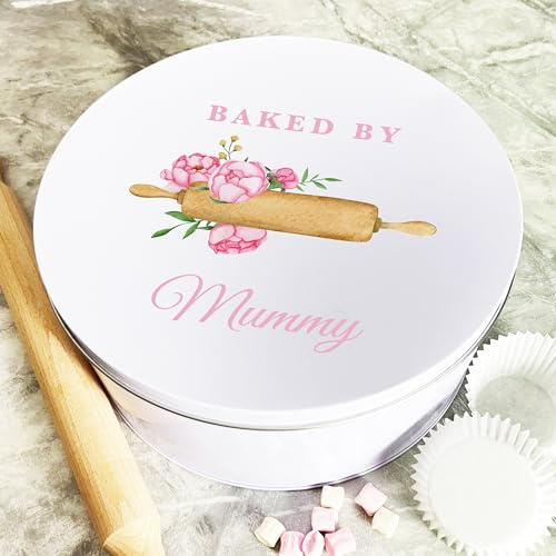 Personalised Round Peonies Baked By Mummy Biscuit Baking Treats Sweets Cake Tin Personalised Gift | Custom Gift | Personalized Tin | Cake, Biscuit & Treat Tins | Gift For Her | Gift For Him
