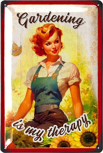 LANOLU Vintage-Blechschild Gardening is my Therapy, Bauernhaus-Metallschilder, lustige Gartenschilder, dekorative Outdoor-Metallschilder für Außenwand, Veranda, Terrasse, 30,5 x 20,3 cm