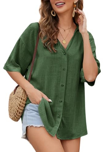 Niwicee Blusa de Mujer Camisa Lino Verano Cuello en V Camiseta Elegante Camiseta de Manga Corta Top Casual de Trabajo con Botones(Verde,S)