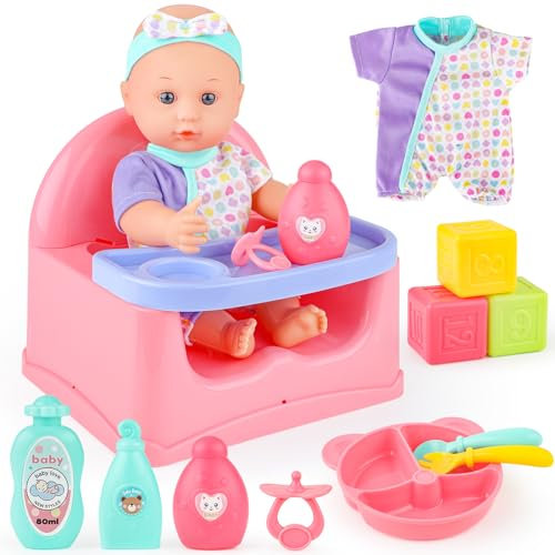 deAO Baby Doll Play Set, Kleid Spiel Set für 30cm Puppe mit 12'' Puppen, 1 Outfits und 2 Puppenflasche, Puppengeschirr, Bath Badespaß Set, Puppen Stuhl, Puppenzubehör Set für Kinder ab 1 Jahren, Rosa