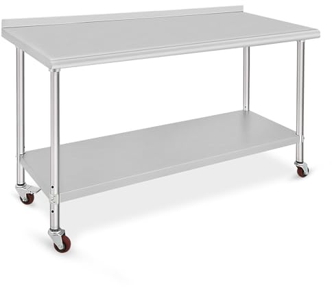 ACONEE Stainless Steel Worktable 60x24x35 Inch, Food Prep Stainless Steel Table, Metal Table Cart Worktable with Caster, Backsplash, Commercial Workstation for Kitchen Restaurant Garage, Silver