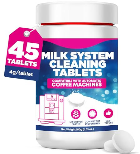 [45 unidades, botella de 180 g] Tabletas de limpieza del sistema de leche para máquinas de café automáticas - Compatible con máquinas de café automáticas Jura - Incluye pastillas de limpieza