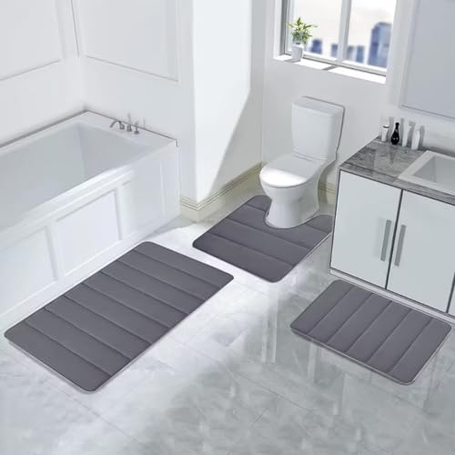 Badezimmerteppich Set 3 Teilig, Memory Foam Badematte Set Rutschfest Waschbar, Super Saugfähiger Weich Badvorleger Maschinenwaschbar und Toilettenmatte für Dusche, Badewanne und Wc (Dunkelgrau)