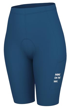 INBIKE cykelshorts kvinnor 3D vadderad med fickor snabbtorkande sommar UV-skydd hög midja halkskydd MTB CJ310, BLÅ, M Smal Kort