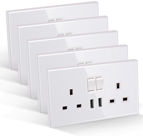 CNBINGO Double Switched Socket with 2 USB-A Ports, Electric Power Sockets 2 Gang 13 Amp, White Tempered Glass Panel Wall Outlet, 5 Pack | Electric Socket with USB-A Ports output 3.1Amp, 2 Gang 13 Amp Wall Outlet with Power Switch, DIY install