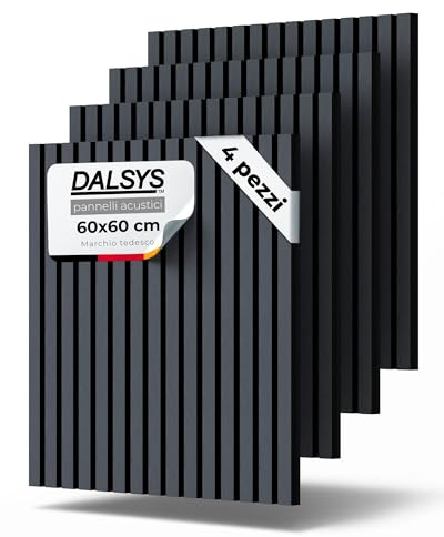 Dalsys 4x Akustikpaneele Holz 60x60cm Eiche Schwarz mit Lamellen, Wandpaneele Holz für Schallschutz in Büro- & Wohnräumen, Akustik Paneele Wand, 3D Wandverkleidung innen, Holzpaneele Wand