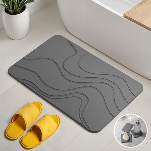 Björn&Schiller Alfombra de baño de Piedra, Set de Alfombra de baño de Secado rápido, antibacteriana de diatomita, Antideslizante y Absorbente 60х39 cm, Gris Oscuro