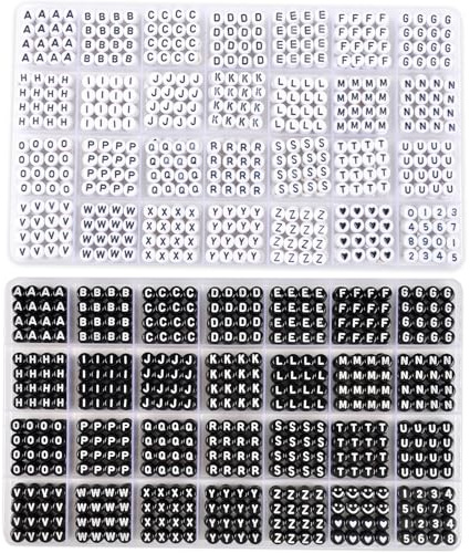 SJZWSD 2000+ Stücke Buchstaben Perlen, 2 Box Set Alphabet Perlen für Armbänder, Runde Zahl & Herz Perlen, 5M Elastische Schnur Schmuck Bastelset, Ideal für Freundschaftsarmbänder (Weiß + Schwarz)