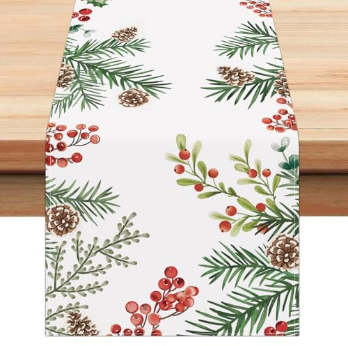 Bonhause Winter Pine Needle Branches Table Runner, Seasonal Pine Cone Farmhouse Table Runner for Kitchen Home Decor, 13x90 Inch Christmas Holiday Table Decoration for Home Kitchen Party Decor