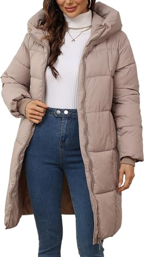 Maeau - Chaqueta Plumas Larga con Capucha Mujer con Cremallera Invierno Chaqueta Acolchada Grueso Cálido Abrigos Plumón Larga Parka Informal - Caqui - S