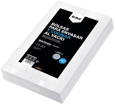 Elma Bolsas de Cocción al Vacío para Alimentos con Tecnología Line + | Bolsas de Vacío Rayadas para Conservación de Alimentos y Sous Vide | Sin BPA, Nueva Fórmula, 15 x 30 cm, 50 Unidades