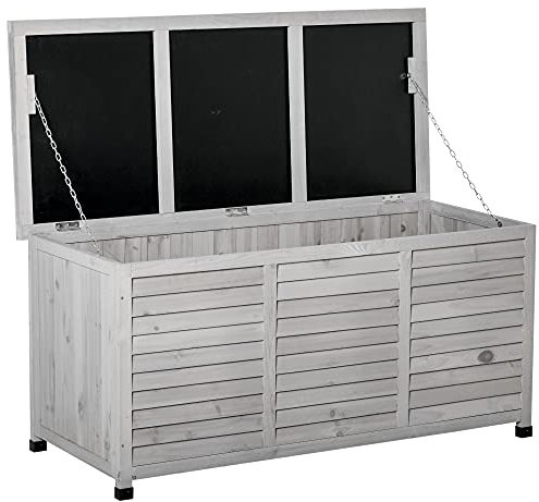 Outsunny Baúl de Almacenaje Exterior 284L Arcón de Jardín de Madera Impermeable con Tapa Abrible y Diseño Persiana 127x56x60 cm Gris