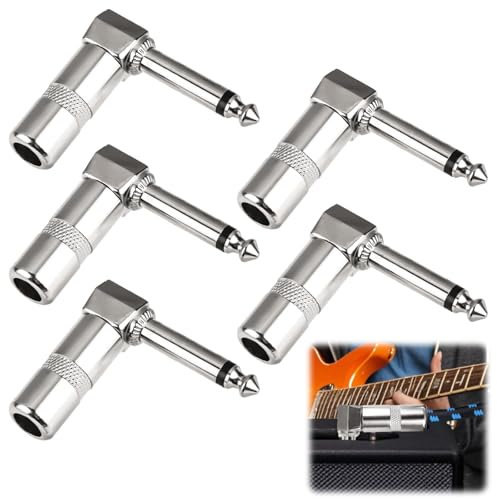 MSMXCS 5PCS Audio 1/4 Right Angle Plug,6.35mm Male to 3.5mm Female Audio Adapter 90 Degree Stereo Heavy Duty TS Mono Male Solder Jack Connector for Speaker,Guitar,Microphone Cables,Headset