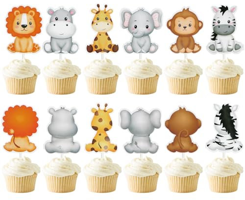 BETESSIN Tortendeko Safari Geburtstag Dschungel Deko - 36 Stück Waldtiere Cake Topper - Wild One Geburtstag Deko - Dschungel Tiere Muffin Deko für 1. Geburtstage Junge, Babyparty uvm.